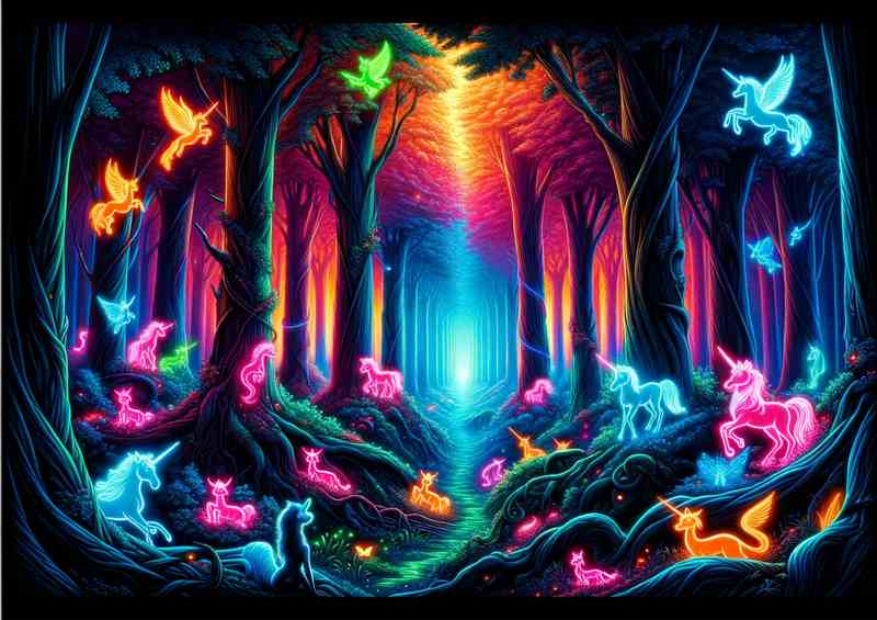 A Neon Enchanted Forest with Mythical Creatures | Metal Poster