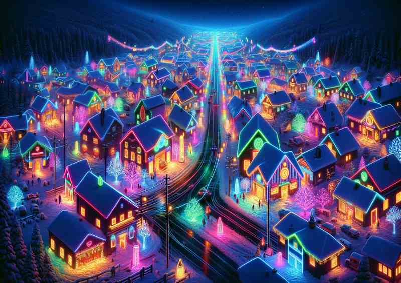 A Neon Festival of Lights in a snowy village | Metal Poster