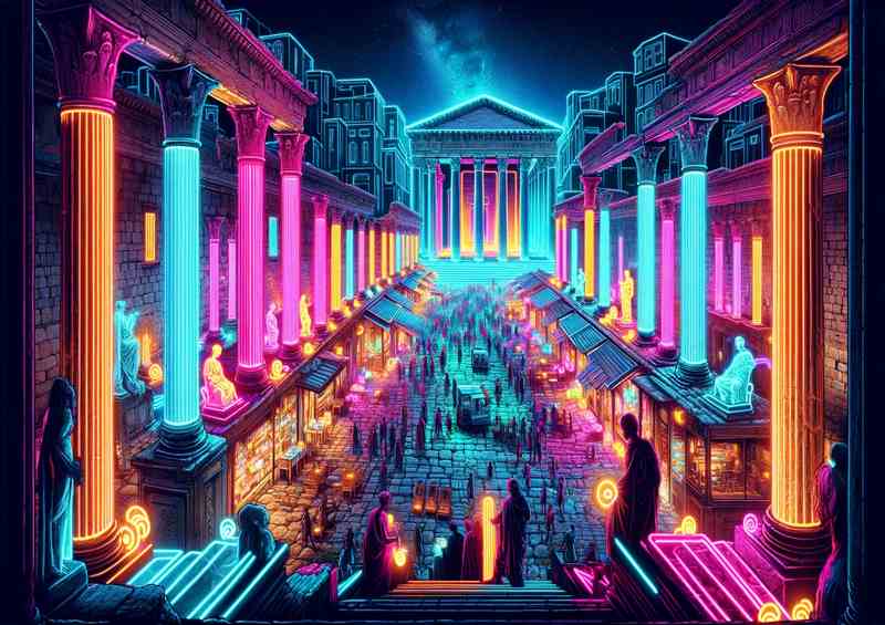 A Neon Infused Ancient Greek Agora at Night | Metal Poster
