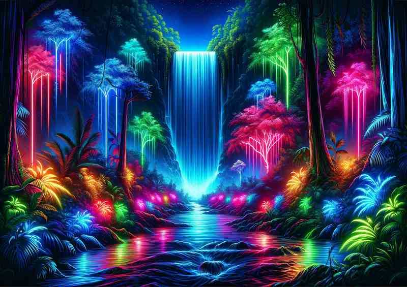 Neon Rainforest Waterfall | Metal Poster