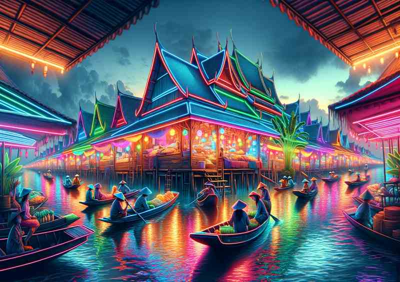 A Neon Lit Floating Market in Southeast Asia | Metal Poster