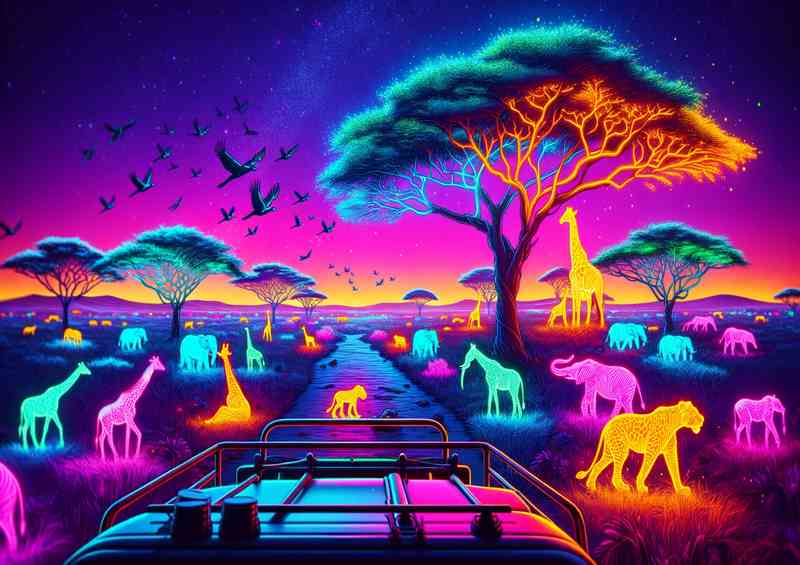 A Neon Safari Adventure in the African Savannah | Metal Poster
