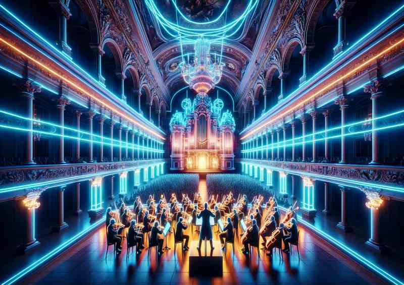 A Neon Symphony Orchestra in a Baroque Hall | Metal Poster