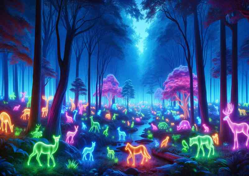 A Neon Wildlife Parade in an Enchanted Forest | Metal Poster