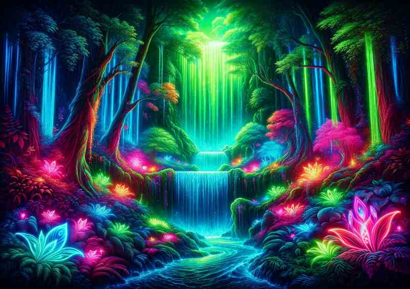 Mystic Forest: Neon Waterfall Metal Poster