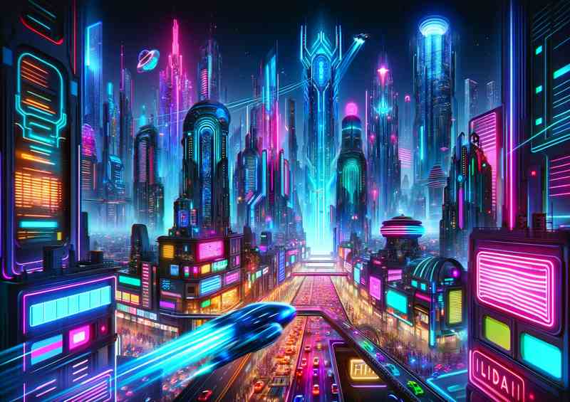 A cityscape at night illuminated by neon lights | Metal Poster
