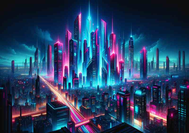 Futuris. City Night. Metal Poster. | Skyscrapers, Neon Lights.