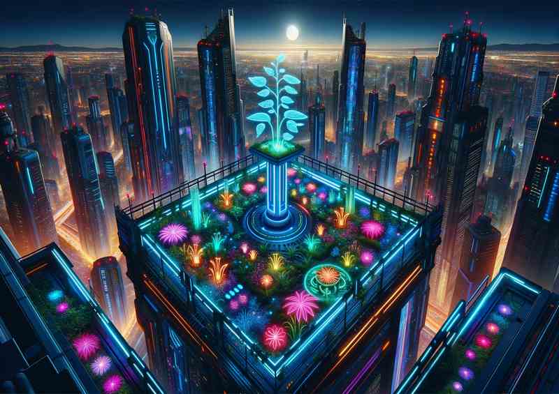 A futuristic neon sky garden in a metropolis | Metal Poster