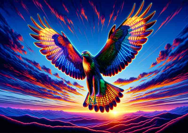 A hawk soaring in the sky rendered in a neon art style | Metal Poster