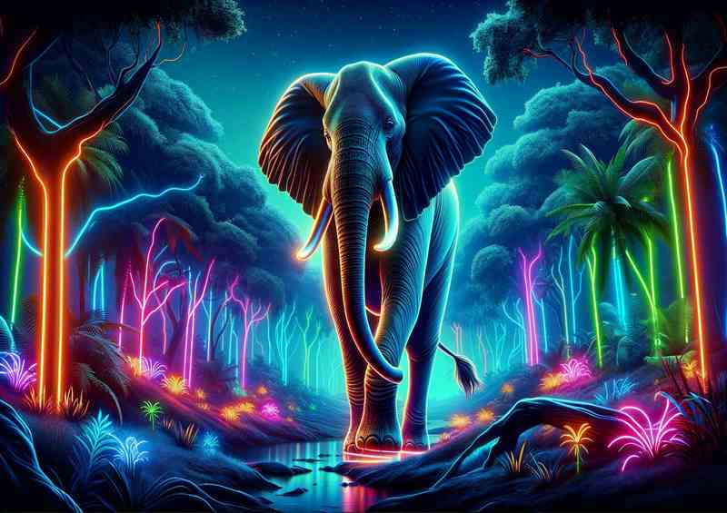 Neon Jungle Elephant Metal Poster