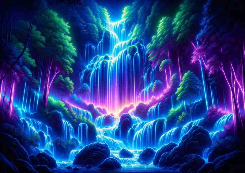 A majestic neon waterfall in a lush forest | Metal Poster