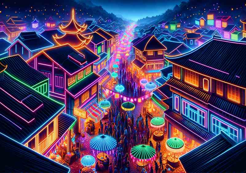 A neon festival in a traditional village at night | Metal Poster