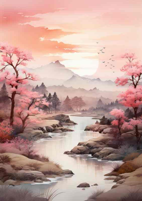 Blooming Waters Cherry Trees Metal Poster