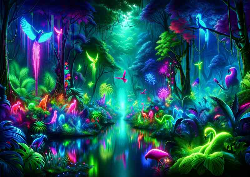 A neon jungle with exotic glowing wildlife | Metal Poster