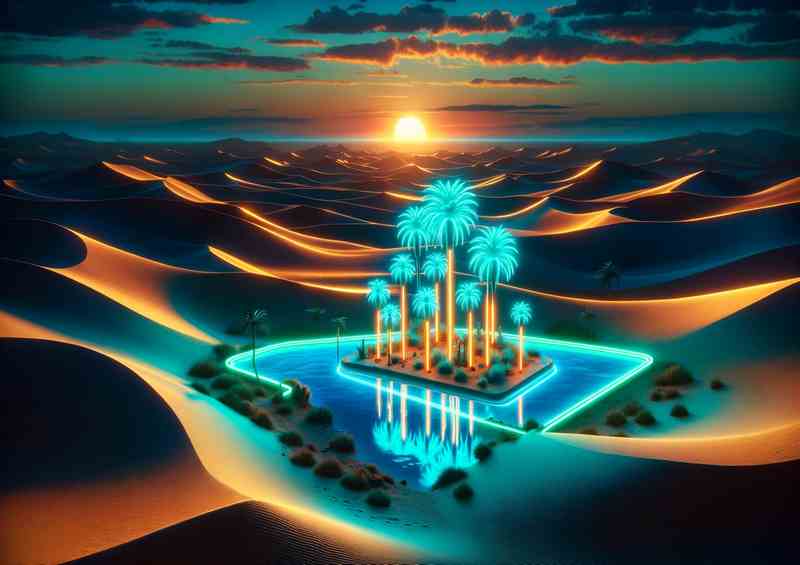 A neon oasis mirage in a desert at dusk | Metal Poster