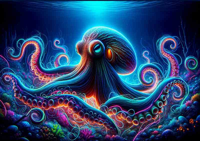 A octopus deep underwater portrayed in a neon art style | Metal Poster