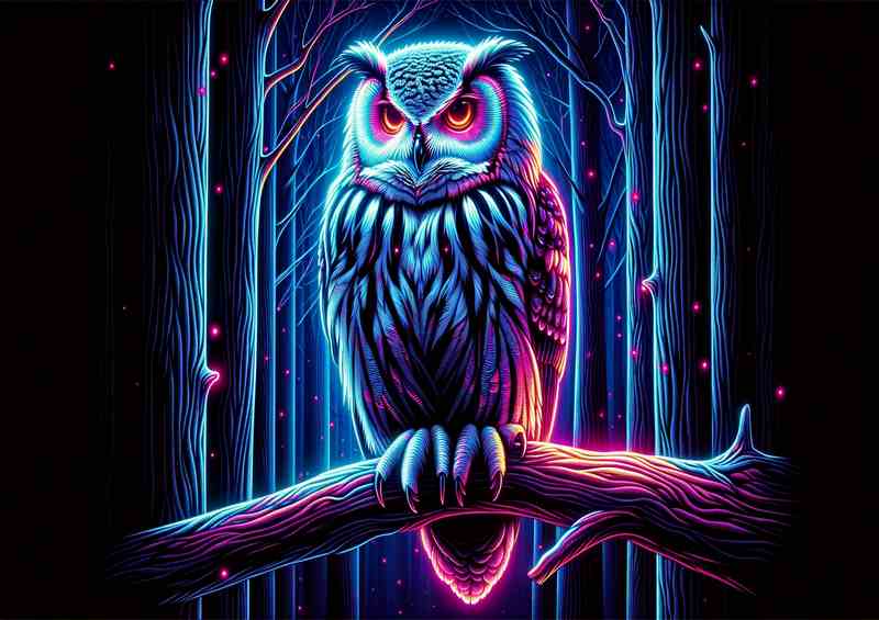 A owl perched on a tree branch in a neon art style | Metal Poster