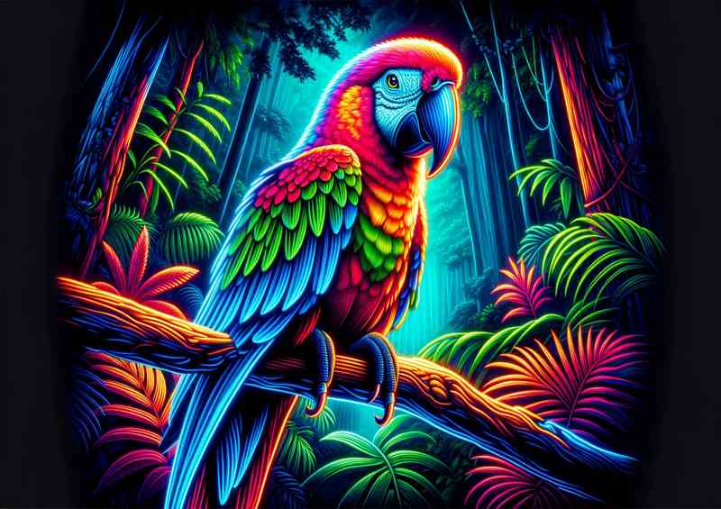 Neon Parrot on Branch Metal Poster