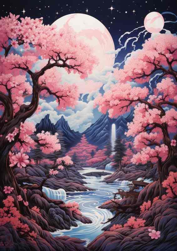 Cherry Blossom Canopy Mountain Treks in Japan | Metal Poster