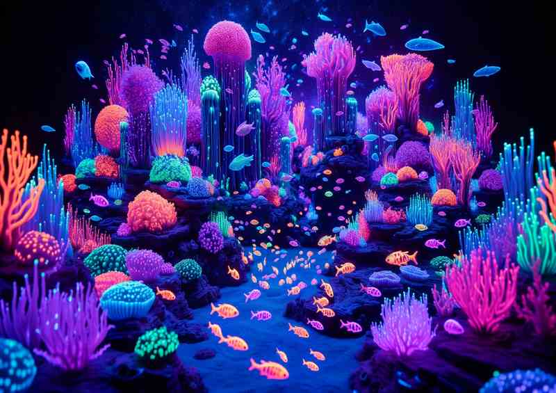 Glowing Neon Coral & Bio Fish | Metal Poster