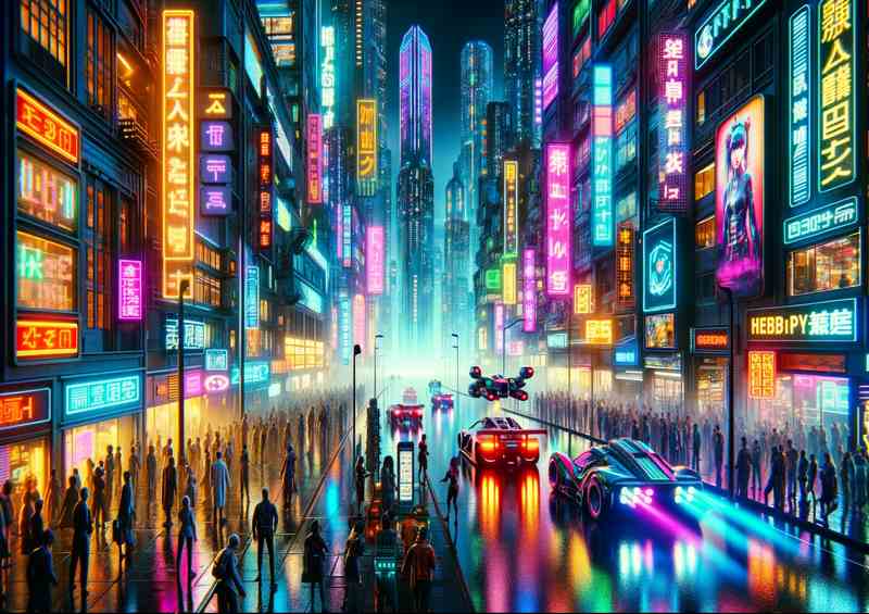 Bustling neon lit cyberpunk city street | Metal Poster