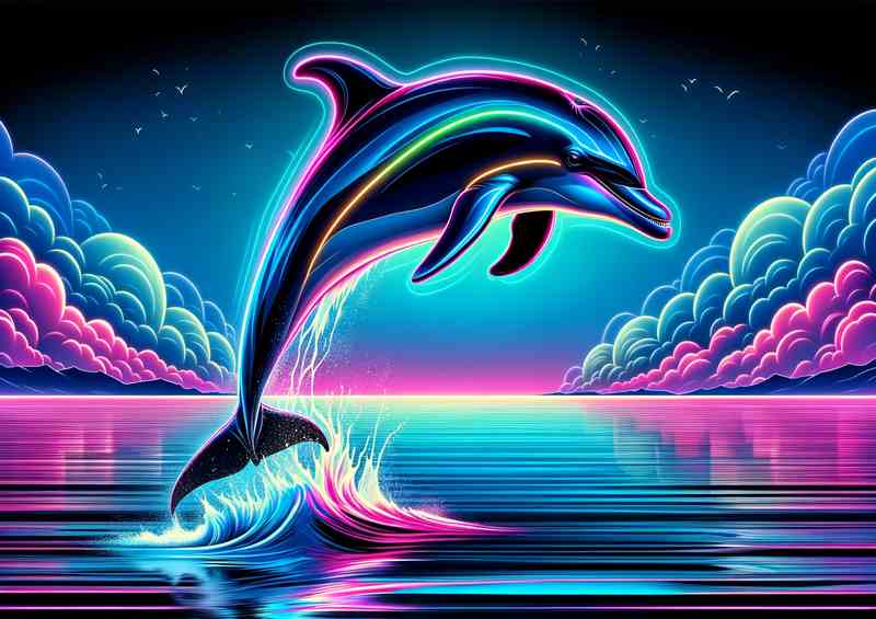 Neon Dolphin Leap Metal Poster