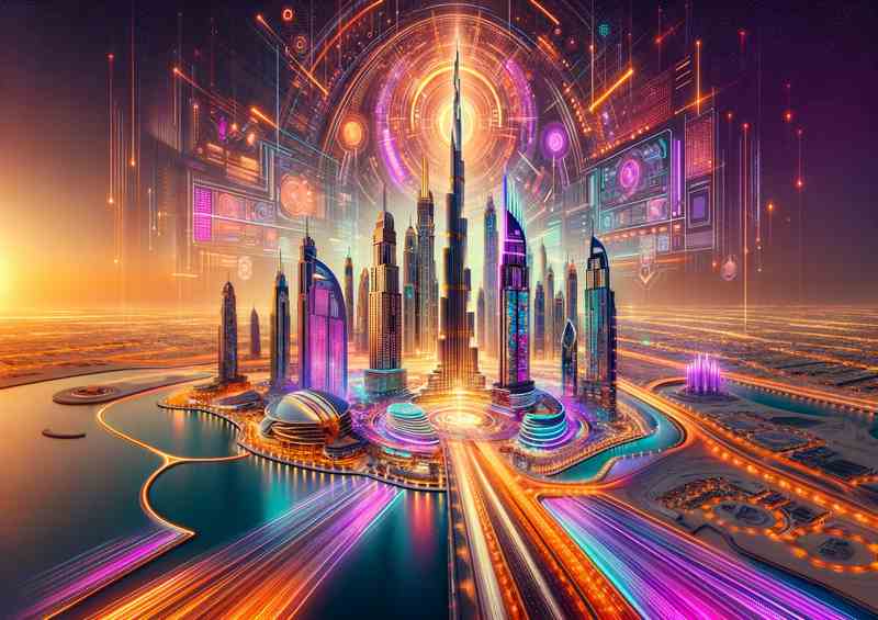 Dubai skyline aglow with radiant neon colors | Metal Poster