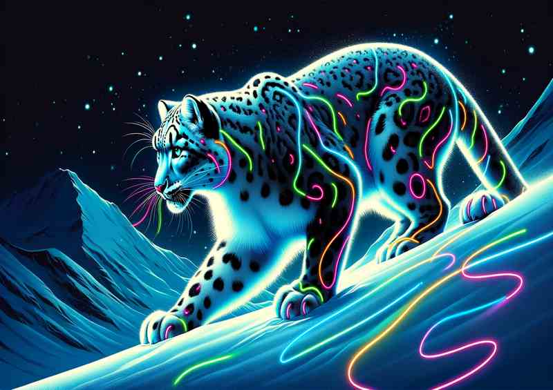 Elegant snow leopard illuminated in a neon art style | Metal Poster