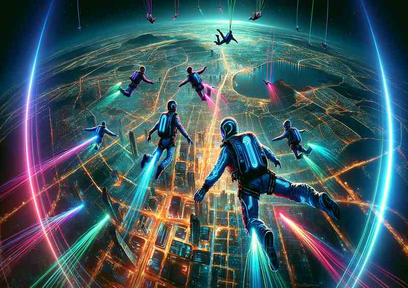 Futuristic Neon Skydivers over a Cityscape | Metal Poster