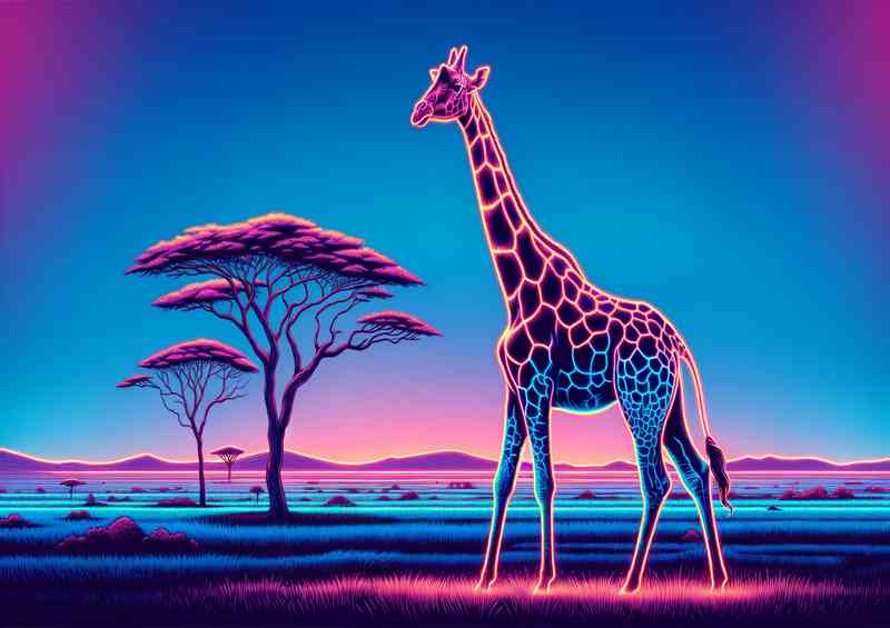 Giraffe in a savannah landscape in a neon art style | Metal Poster
