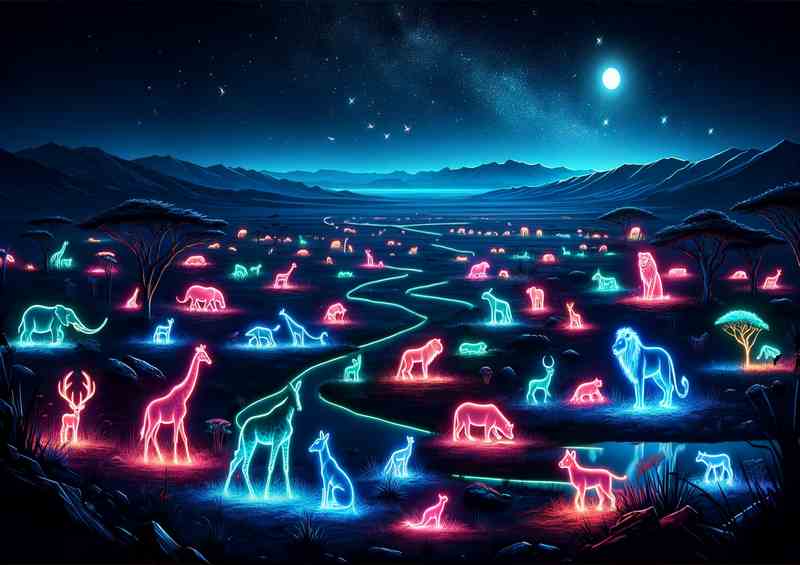Glowing neon wildlife on a savannah at night | Metal Poster