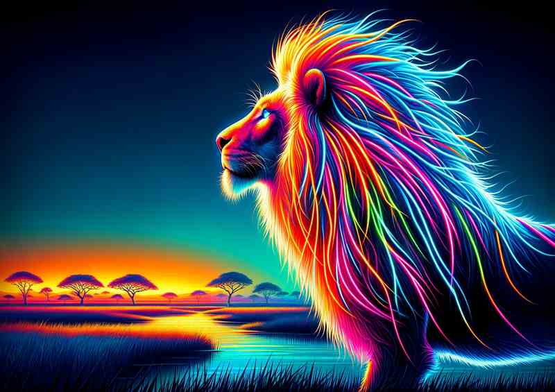 Majestic lion with vibrant neon mane | Metal Poster