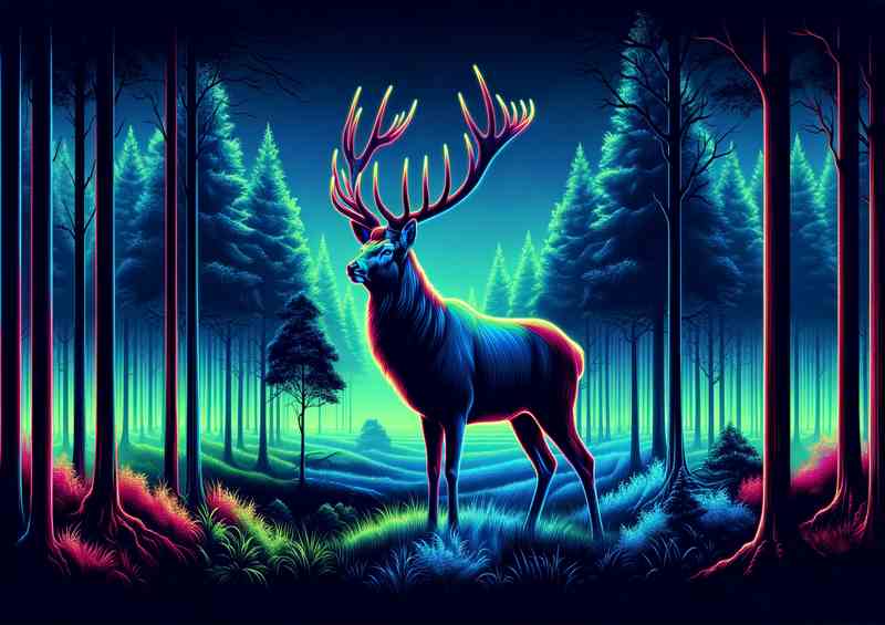 Majestic Stag in Neon Forest | Metal Poster