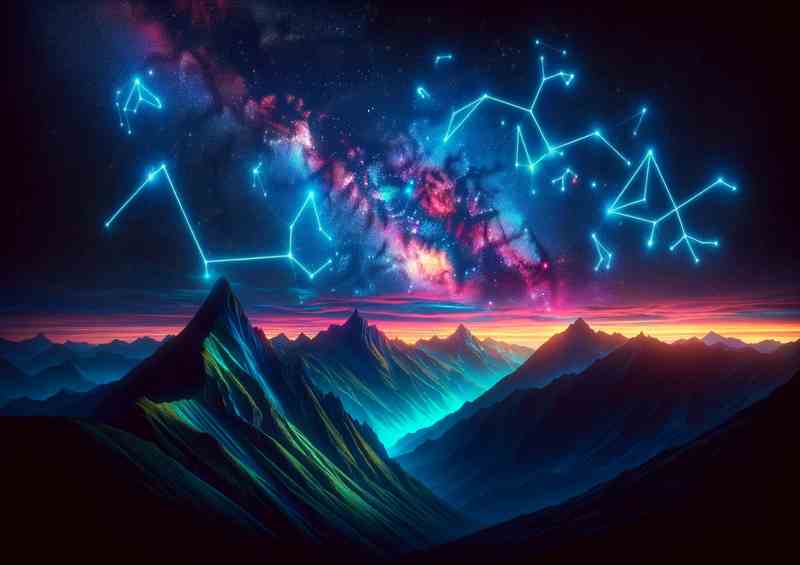 Neon Constellations over a Mountain Range | Metal Poster
