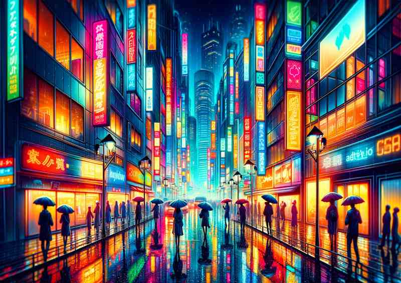 Neon filled streets in a rain soaked metropolis | Metal Poster