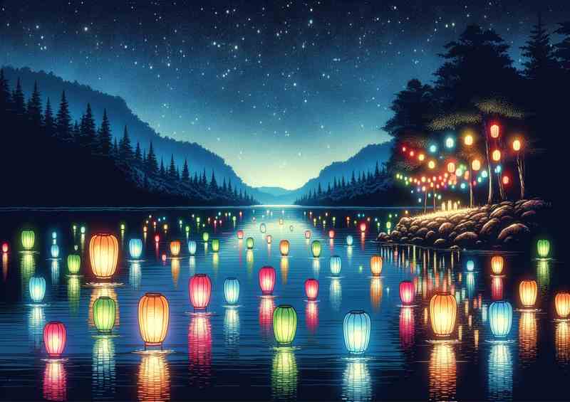 Neon lanterns floating on a tranquil lake at night | Metal Poster