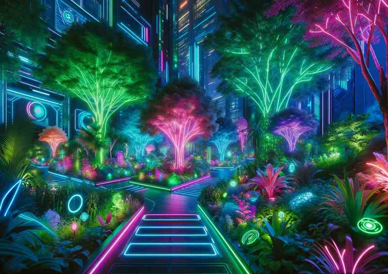 Neon lit futuristic garden at dusk | Metal Poster