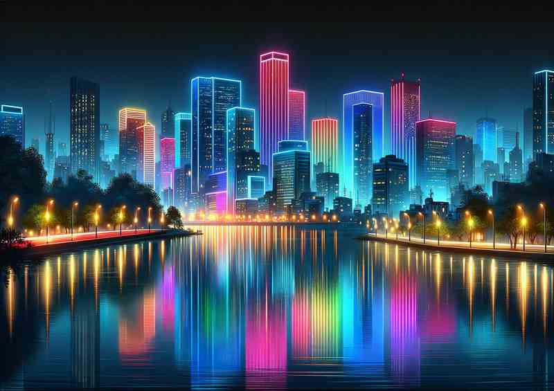 Neon skyline reflections in tranquil waters | Metal Poster