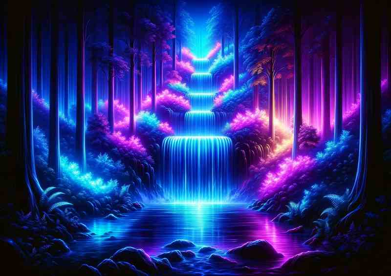 Neon waterfall in a mystical forest The waterfall | Metal Poster
