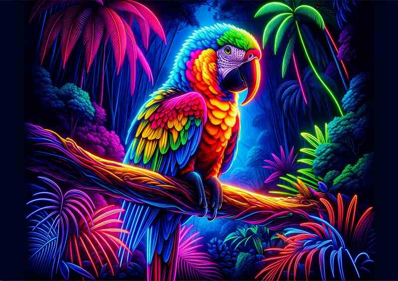 Parrot perched on a branch rendered in a neon art style | Metal Poster
