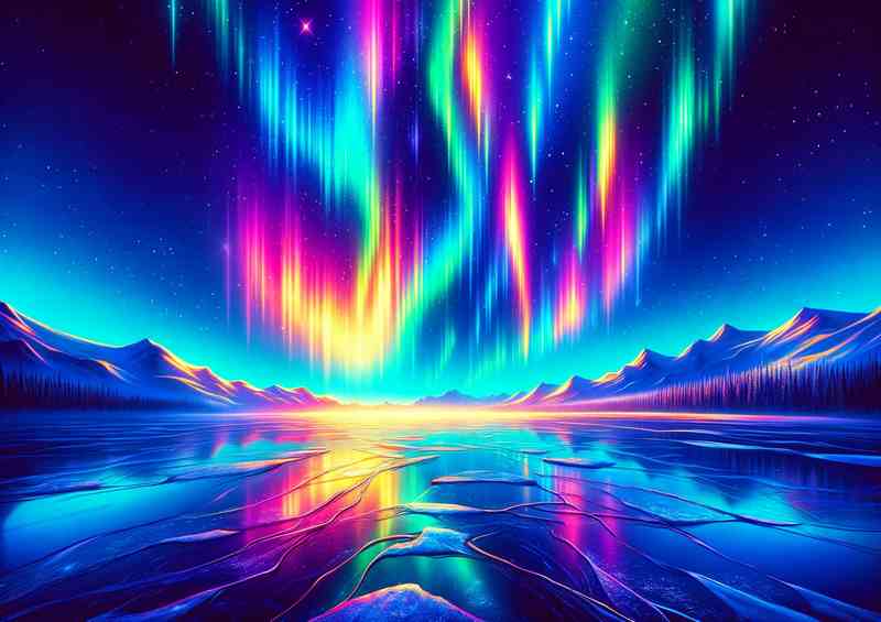 Radiant Neon Aurora | Frozen Lake Metal Poster