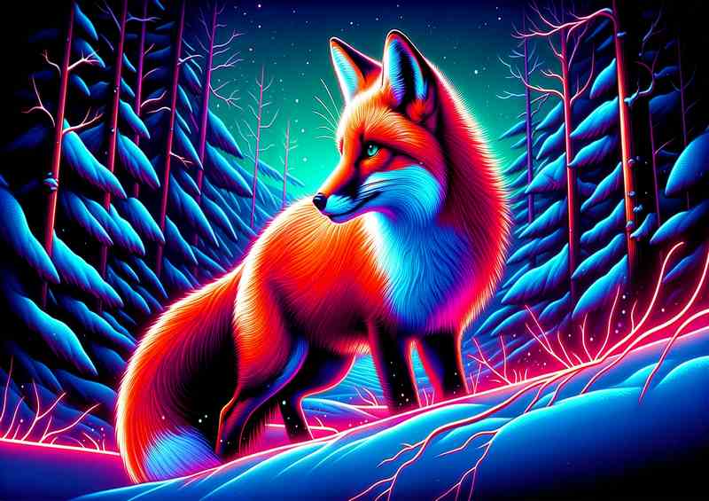 Neon Red Fox in Snowy Landscape Metal Poster