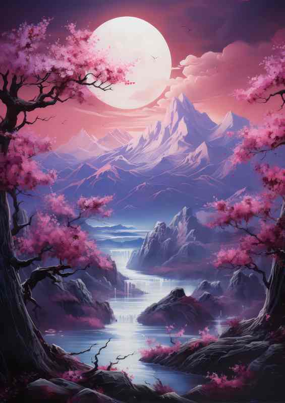 Hanami Heaven Mountains Waters and Blossoms | Metal Poster