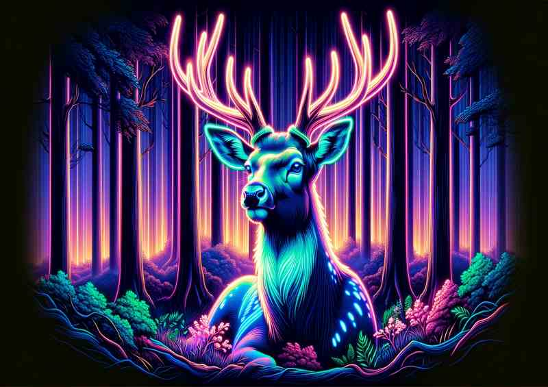 Regal deer in a forest depicted in a neon art style | Metal Poster