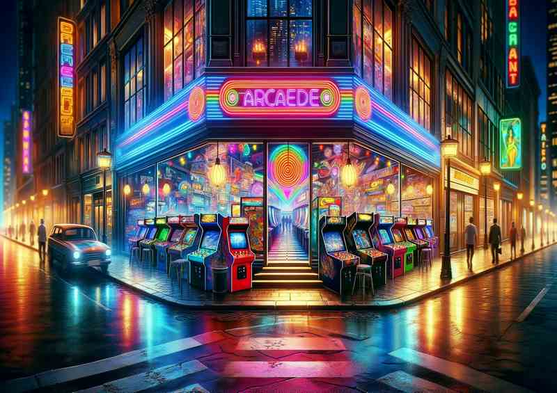 Retro Neon Arcade in a Bustling City | Metal Poster