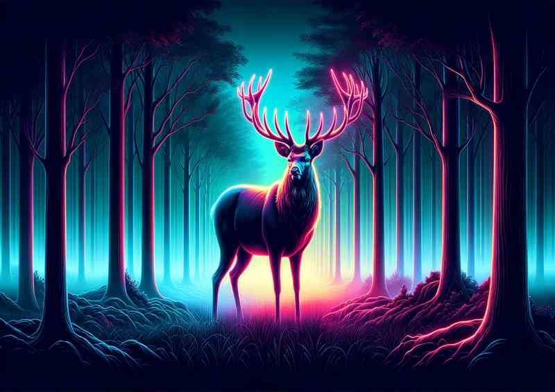 Misty Forest Stag Neon Metal Poster.