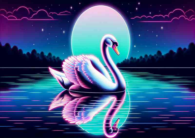 Moonlit Neon Swan Metal Poster