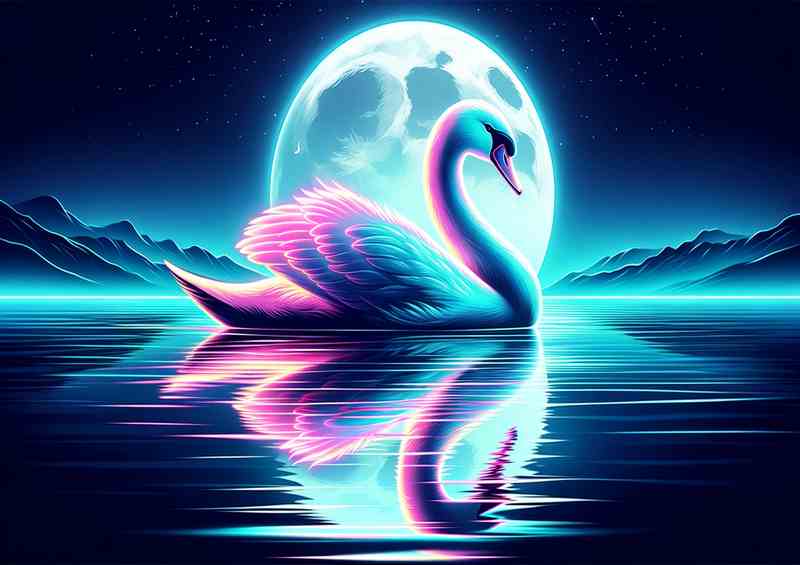 Swan gliding on a moonlit lake in a neon art style | Metal Poster