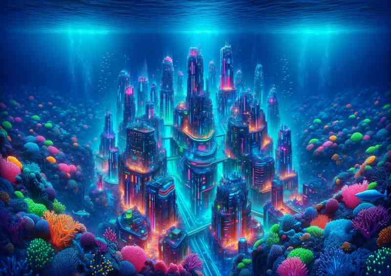 Underwater Neon City in a Coral Reef | Metal Poster