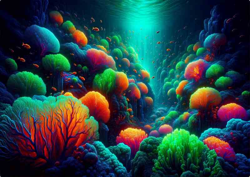 Underwater scene illuminated by neon corals | Metal Poster